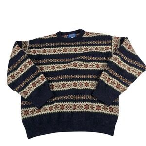 Pendleton Mens Fair Isle Wool Blend Crewneck Sweater Navy Blue Red Made in USA M